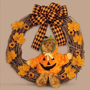 Handmade Halloween Teddy Bear Jack-o-lantern Pumpkin Grapevine Wreath